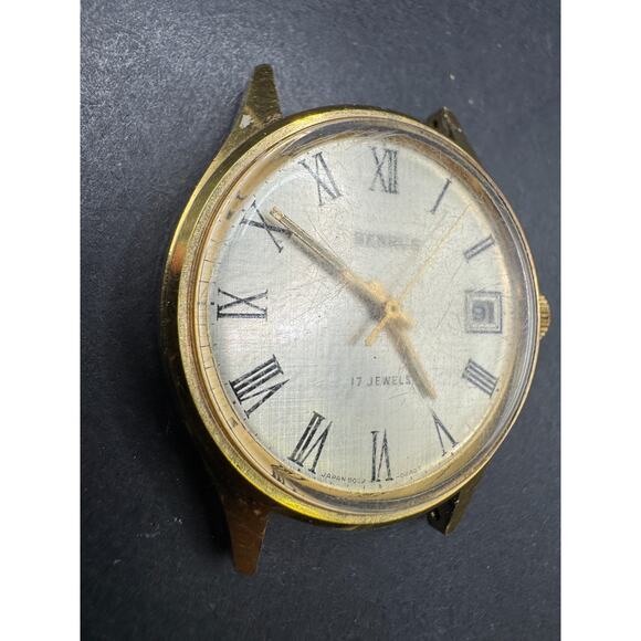 Vintage BENRUS Men\'s Date Watch 17 Jewels Gold Tone Silver Dial 30mm No Band main image 9